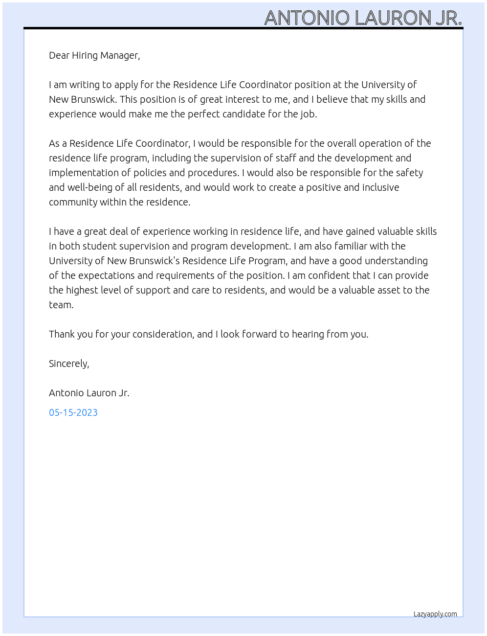 Residence Life Coordinator At Unversity of New Brunswick Cover Letter