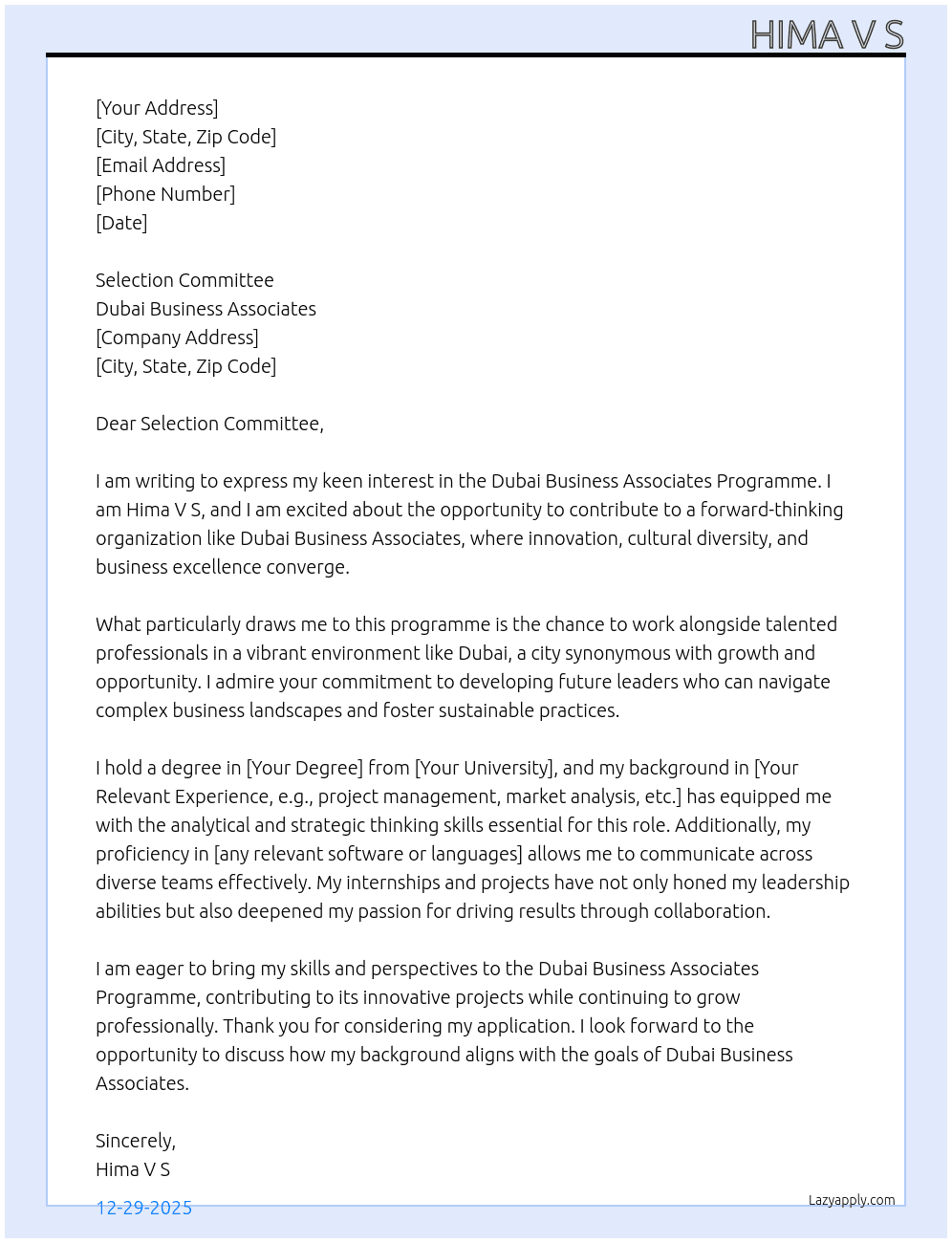 Dubai Business Associates Programme At Dubai Business Associates Cover Letter