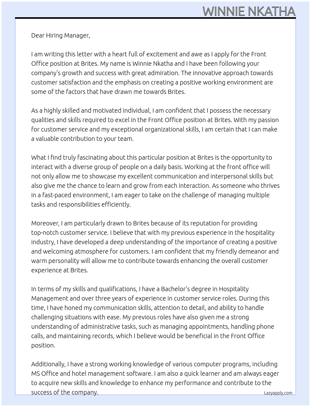 Front office  At Brites Cover Letter