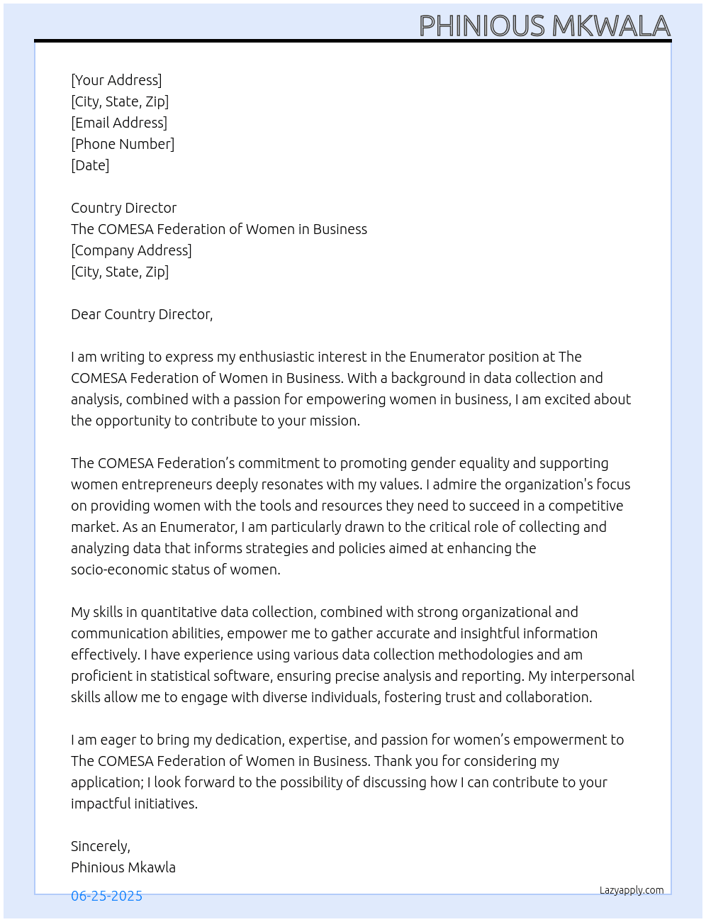 enumerator At The COMESA Federation of Women in Business  Cover Letter