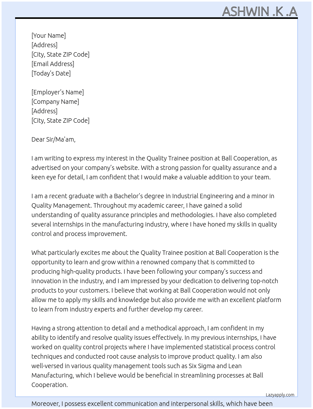 quality trainee At Ball cooperation Cover Letter