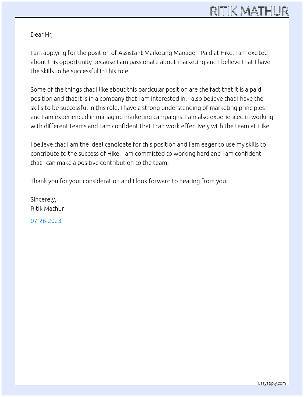 Assistant Marketing Manager- Paid At Hike Cover Letter
