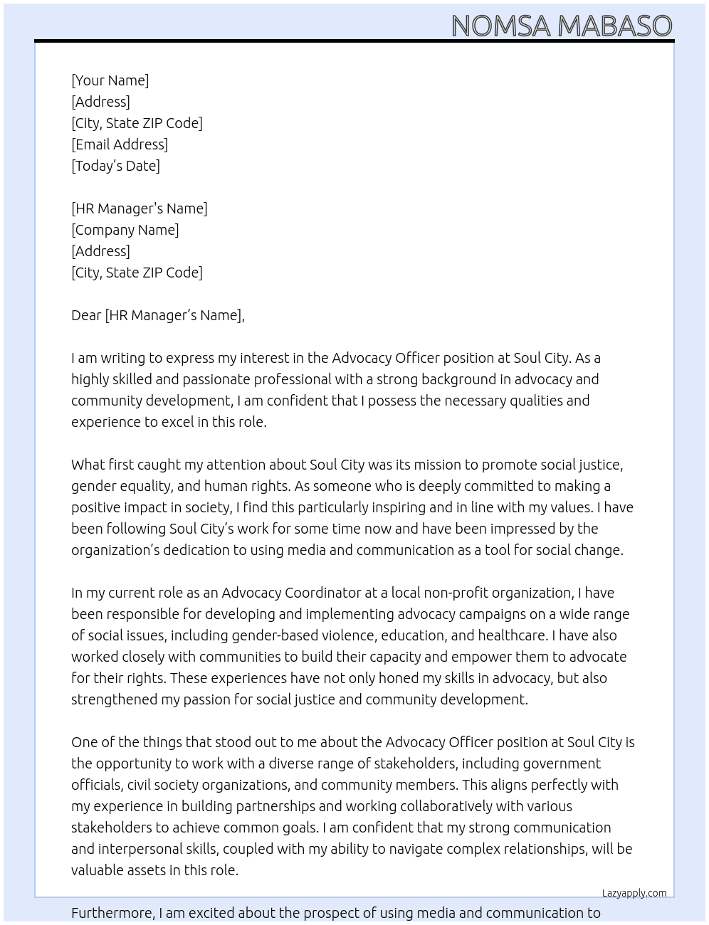 Advocacy officer At Soul City  Cover Letter