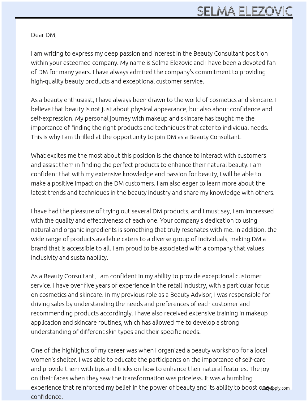 beauty consultant At DM Cover Letter