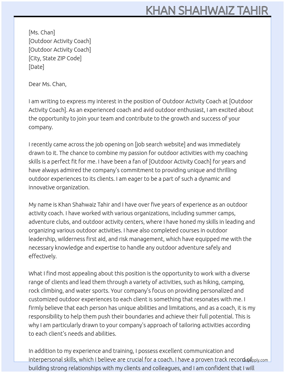 Outdoor Activity Coach  At Outdoor Activity Coach  Cover Letter