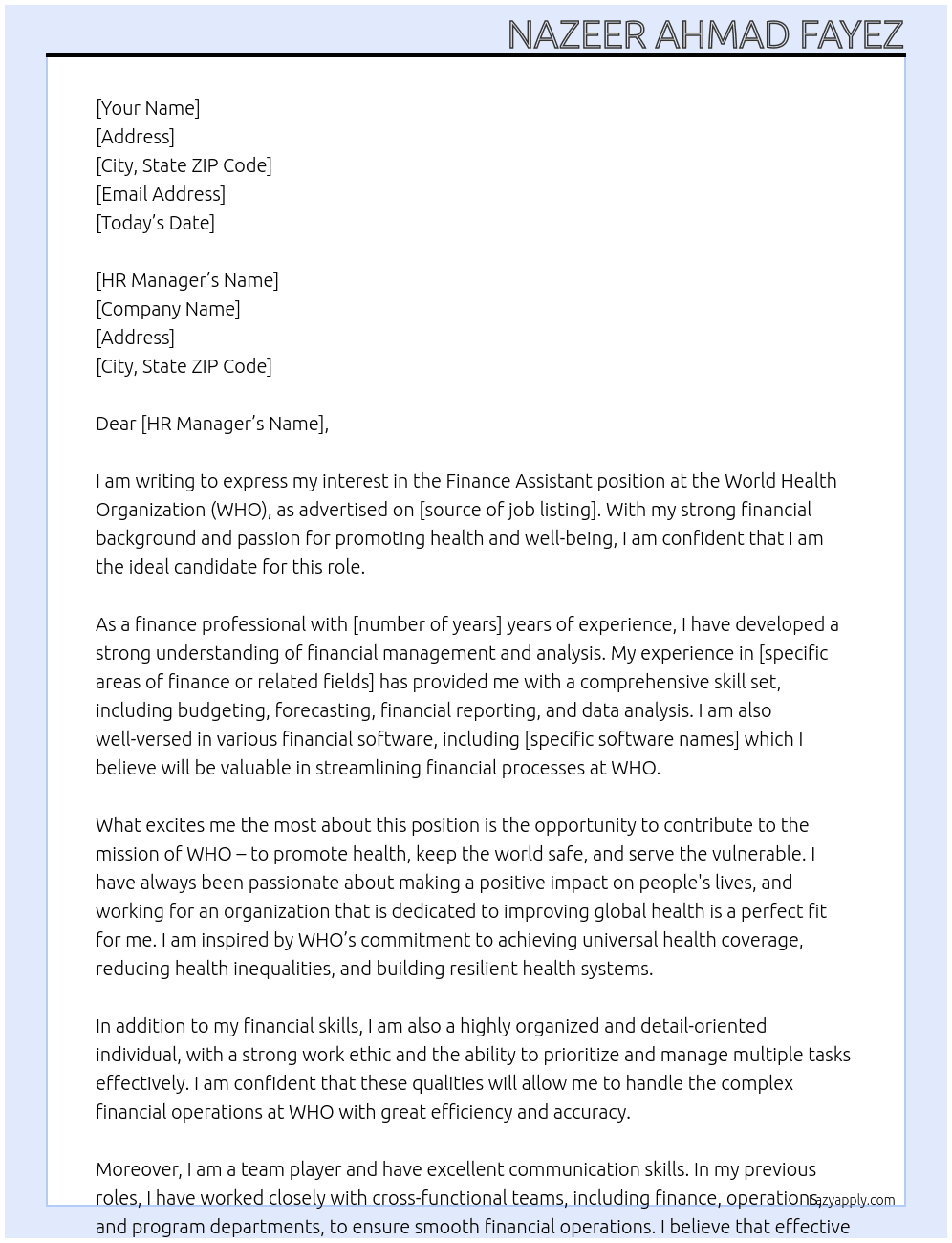 Finance Assistant At World Heath Organization WHO Cover Letter