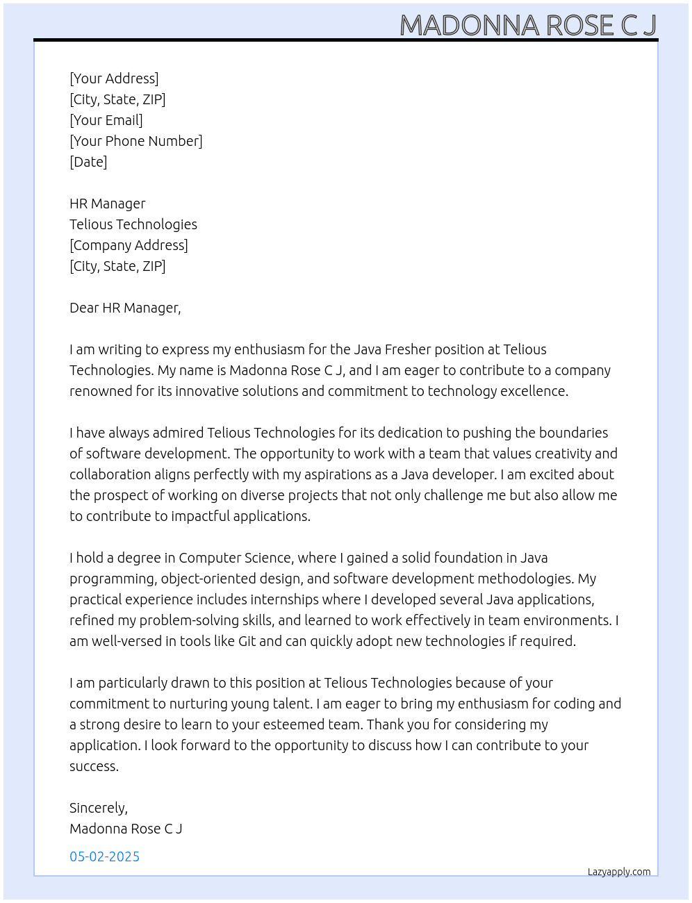 Java Fresher At Telious Technologies Cover Letter