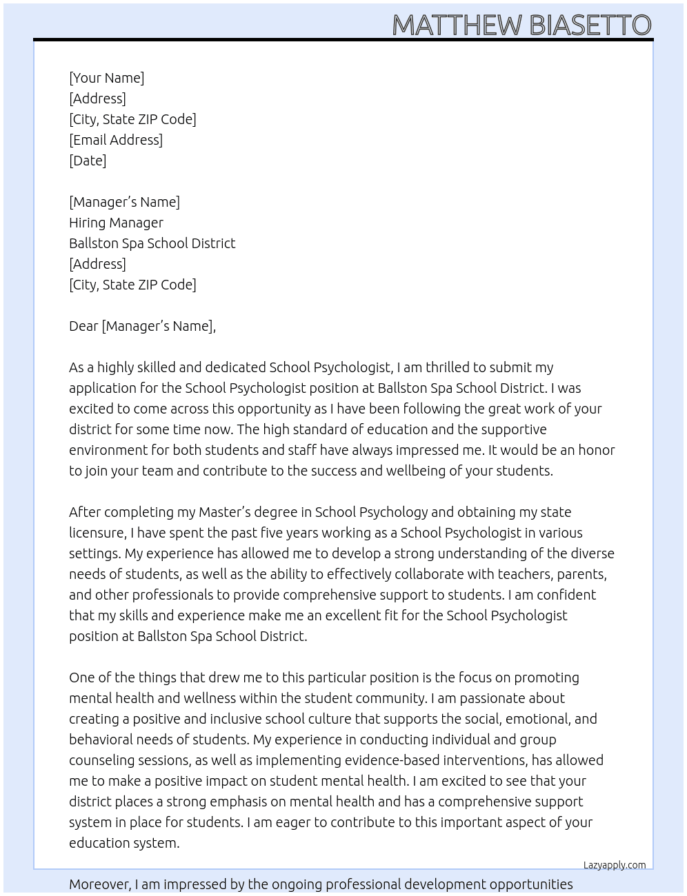 School Psychologist  At Ballston Spa School District  Cover Letter