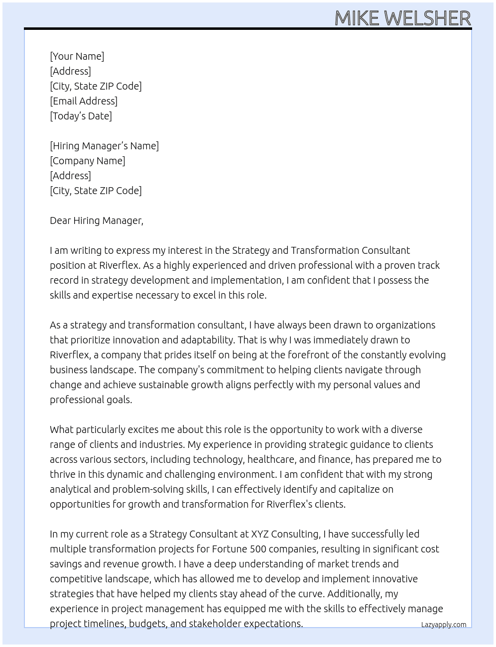 Strategy and Transformation Consultant At Riverflex Cover Letter