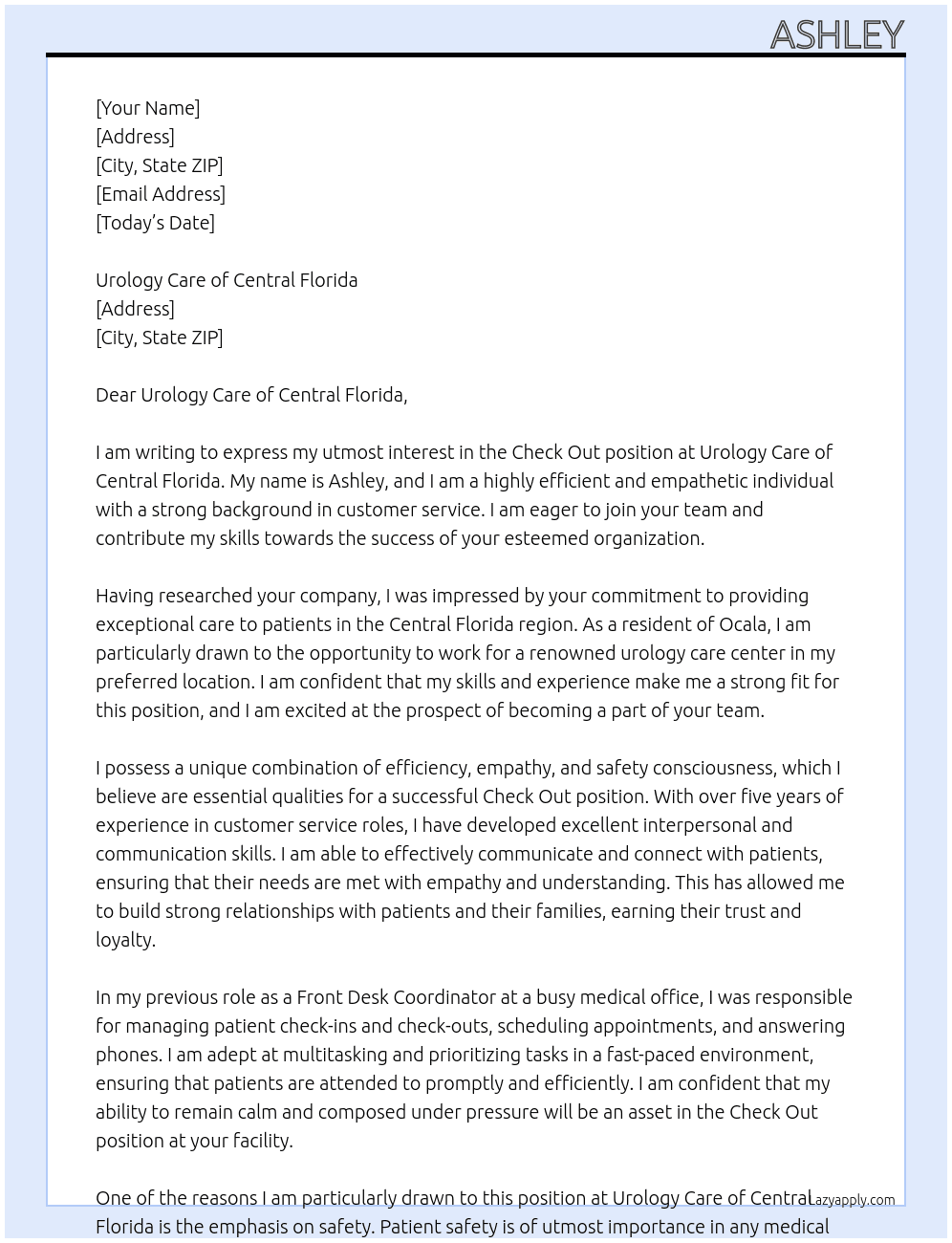 Check Out At Urology Care of Central Florida Cover Letter