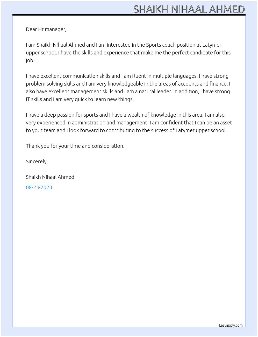 Sports coach At Latymer upper school Cover Letter