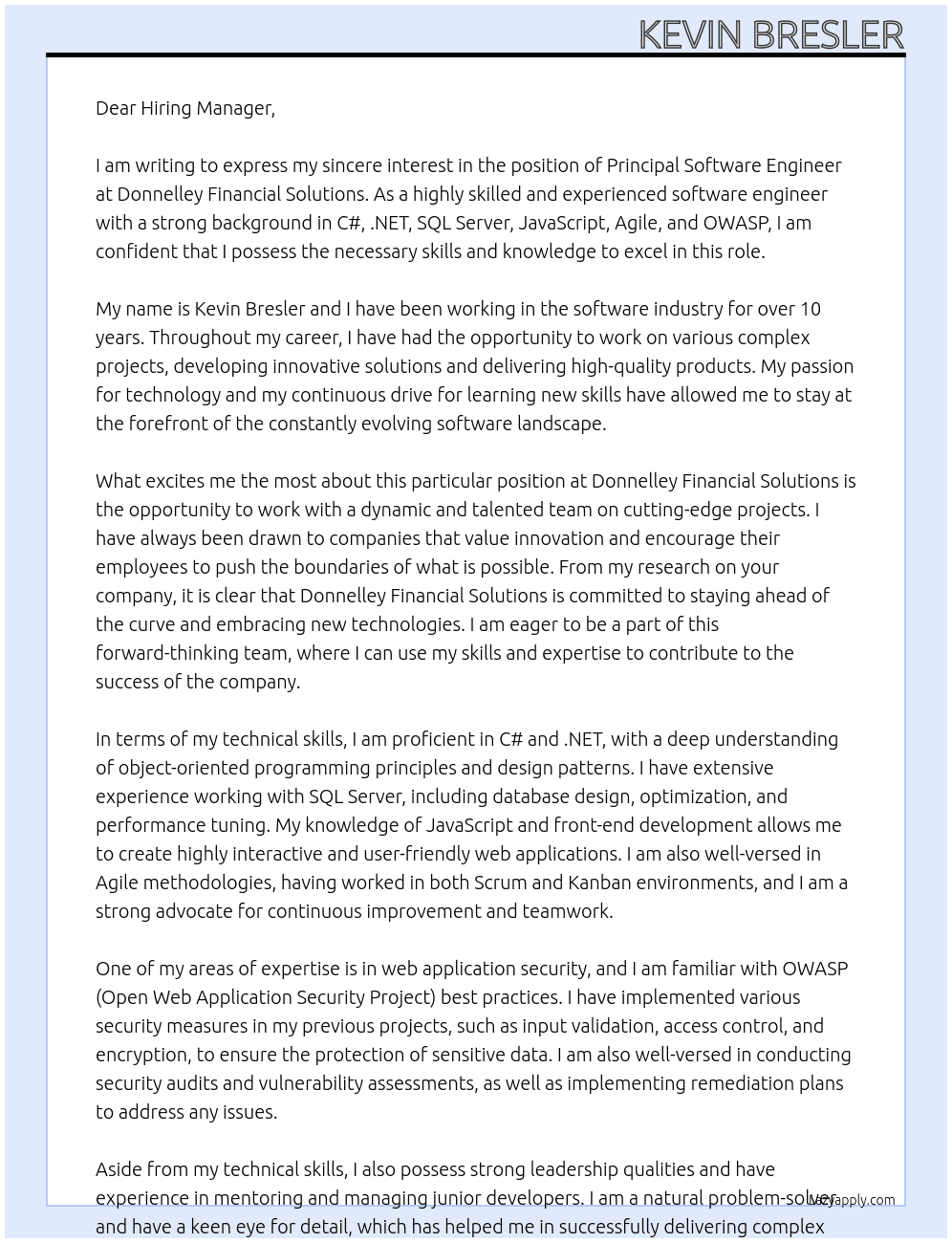 Principal Software Engineer At Donnelley Financial Solutions Cover Letter