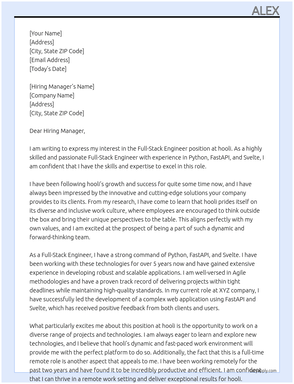 Full-Stack Engineer At hooli Cover Letter