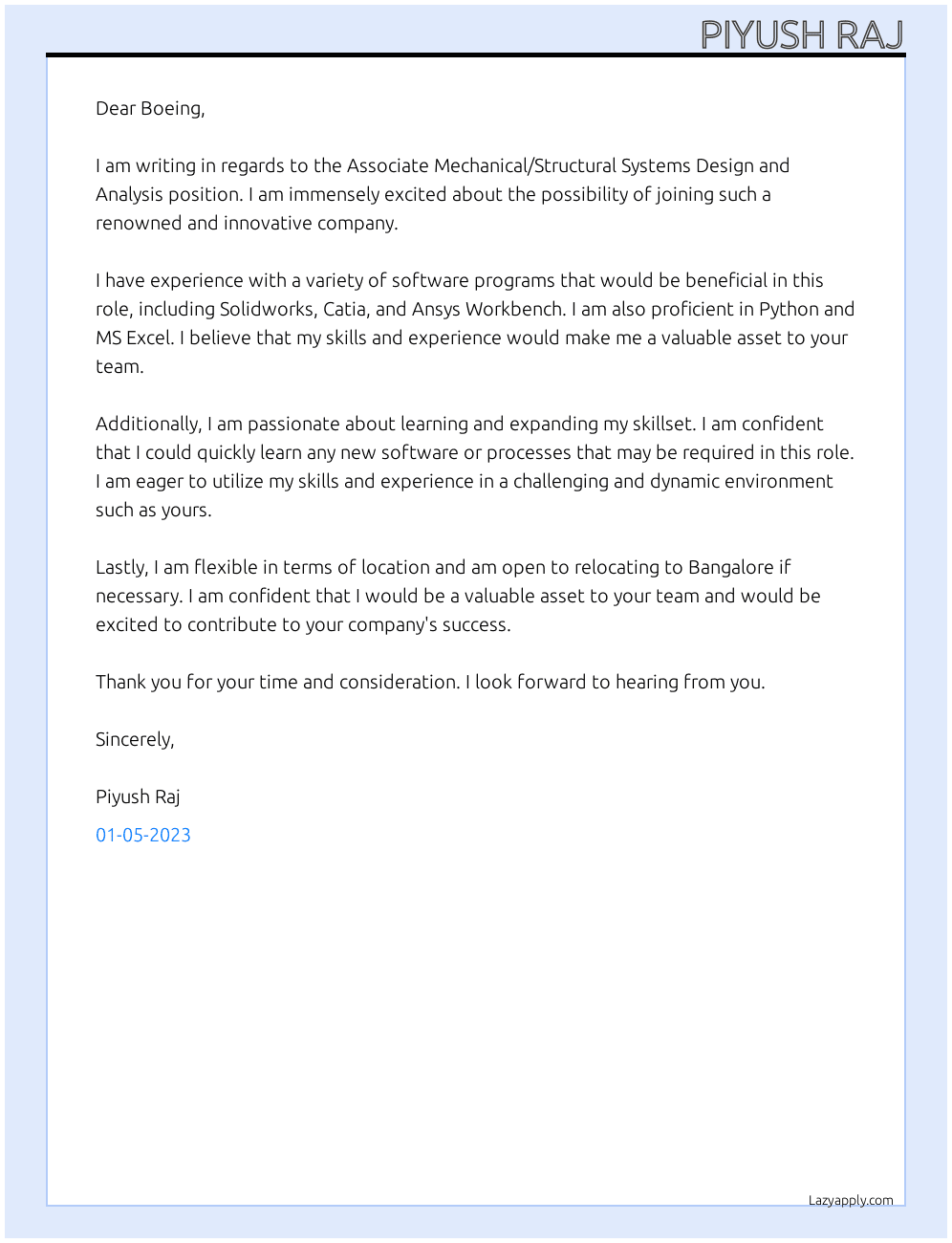 Associate Mechanical/ Structural Systems Design and Analysis At Boeing Cover Letter
