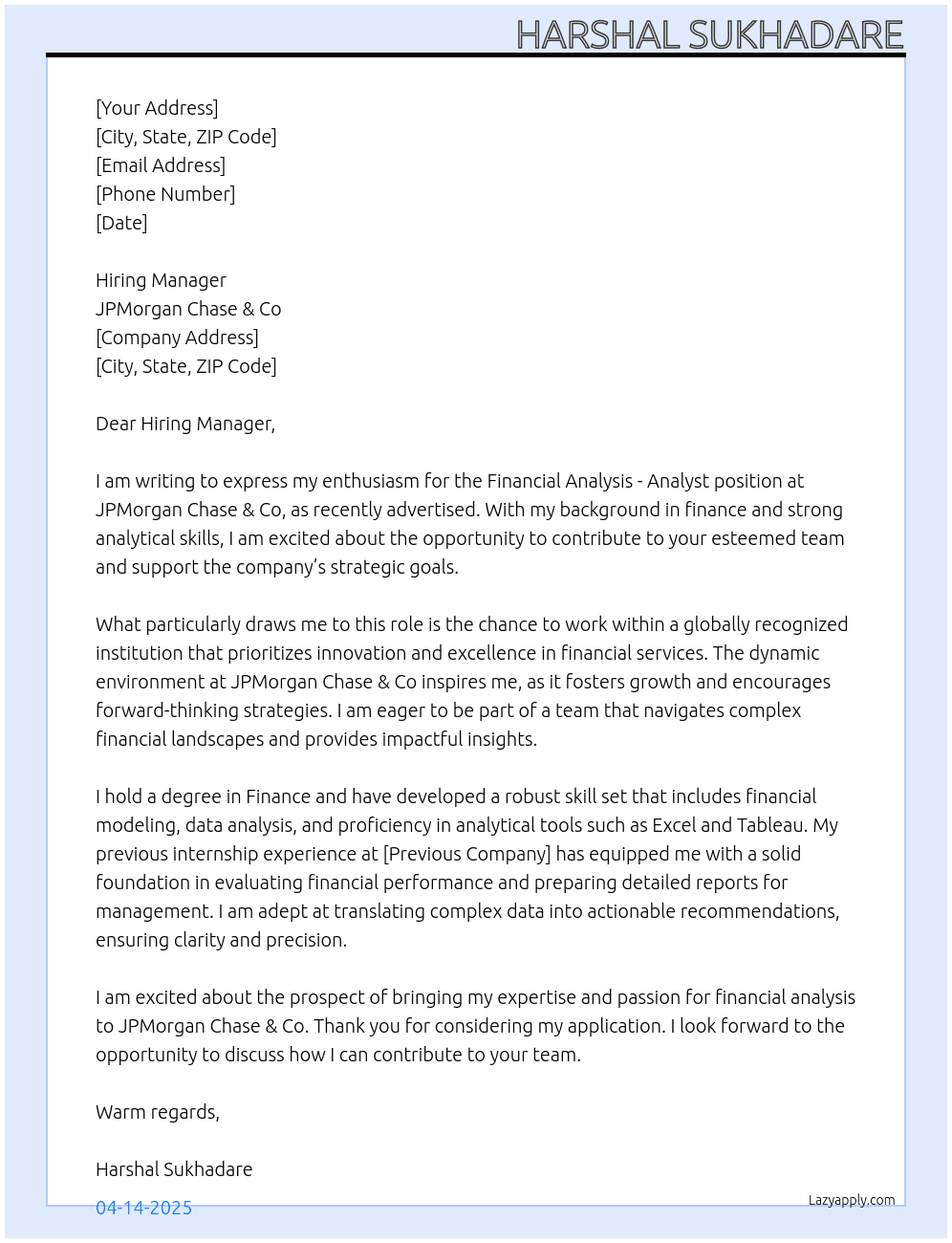Financial Analysis - Analyst At JPMorgan Chase & Co Cover Letter