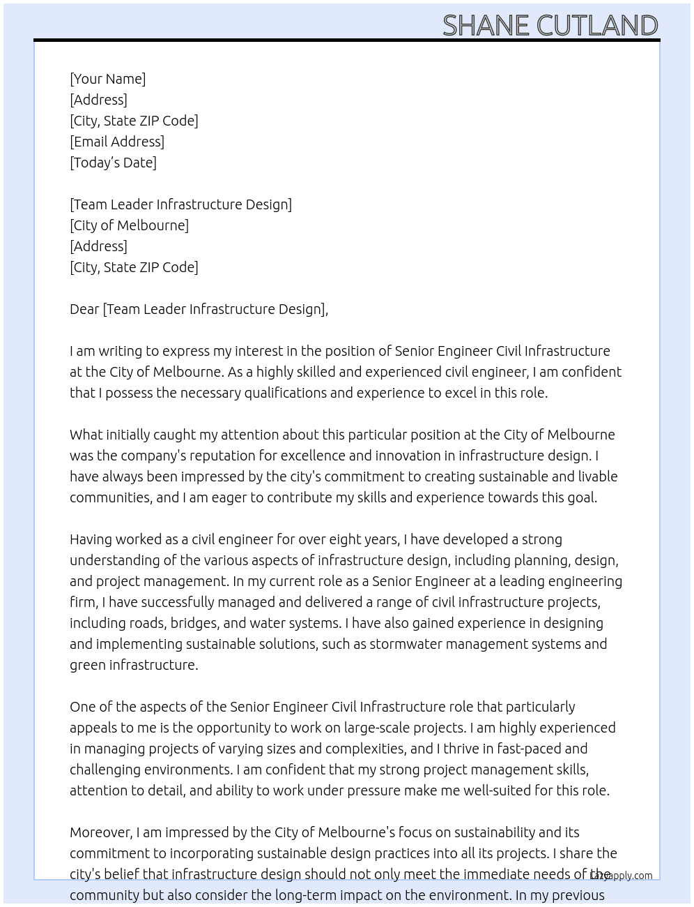 Senior Engineer Civil Infrastructure At City of Melbourne Cover Letter