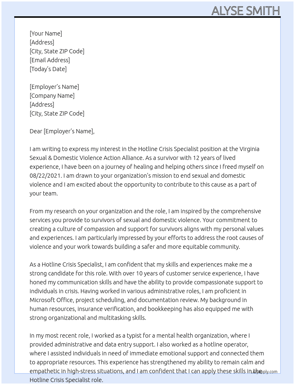 Hotline Crisis Specialists  At Virginia Sexual & Domestic Violence Action Alliance Cover Letter