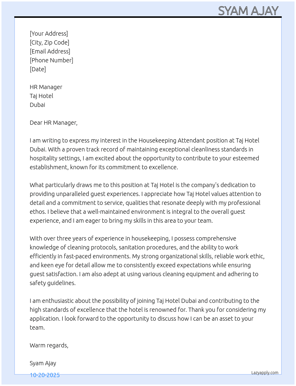 Housekeeping Attendant At Taj Hotel Dubai Cover Letter