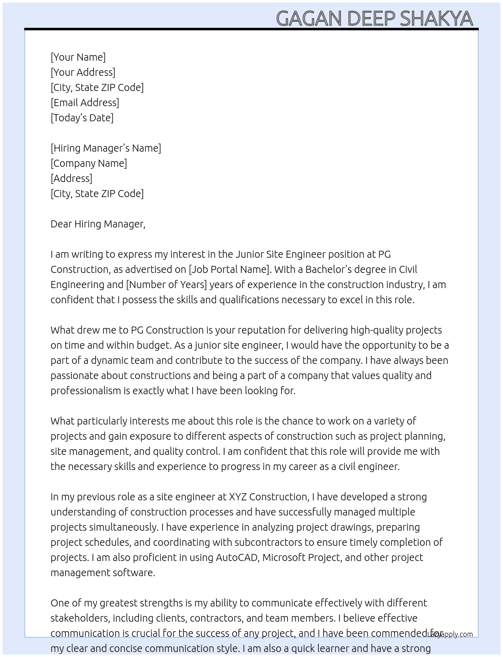 Junior site engineer  At PG construction  Cover Letter