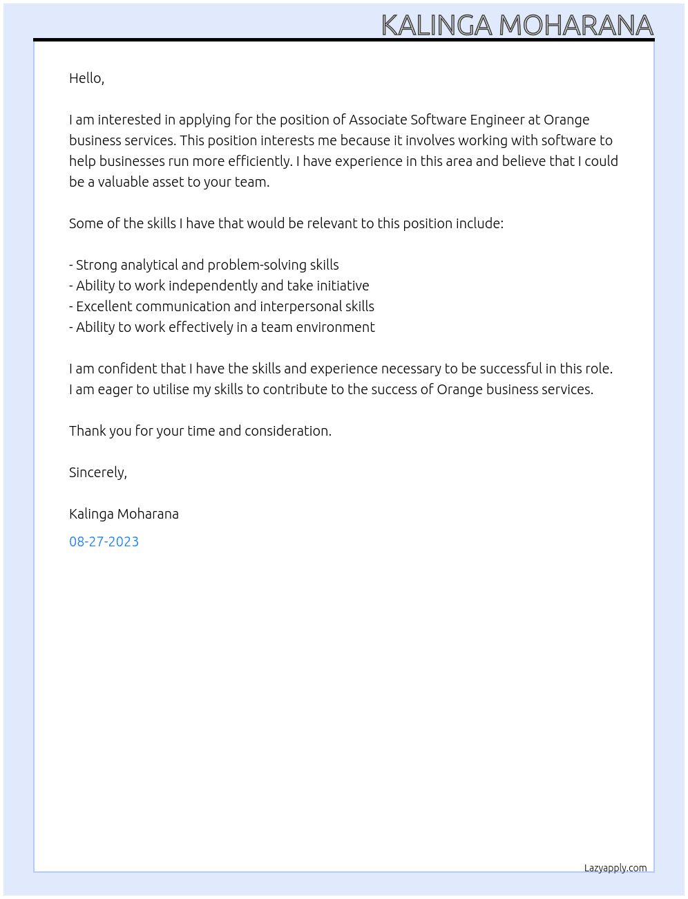 Associate Software Engineer At Orange business services Cover Letter