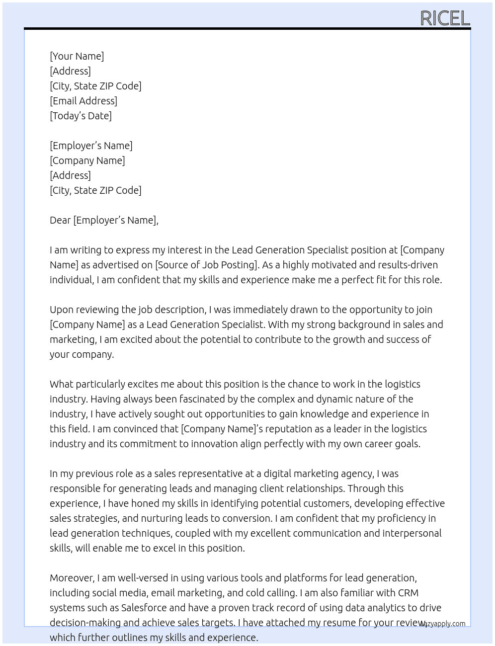 Lead Generation Specialist At logistics  Cover Letter