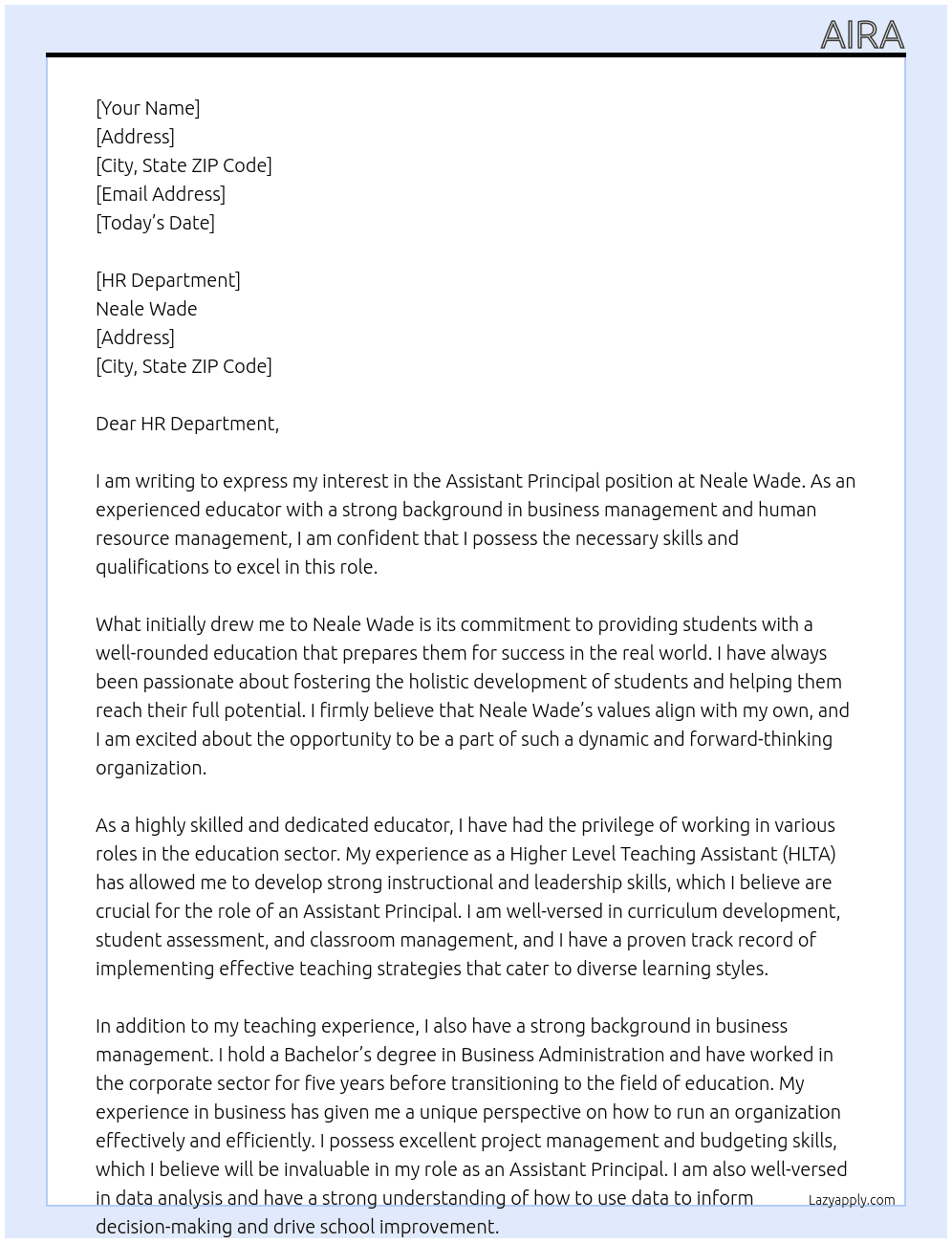 assistant principal At Neale Wade Cover Letter