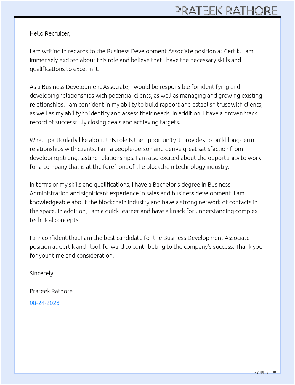 Business development associate  At CERTIK Cover Letter