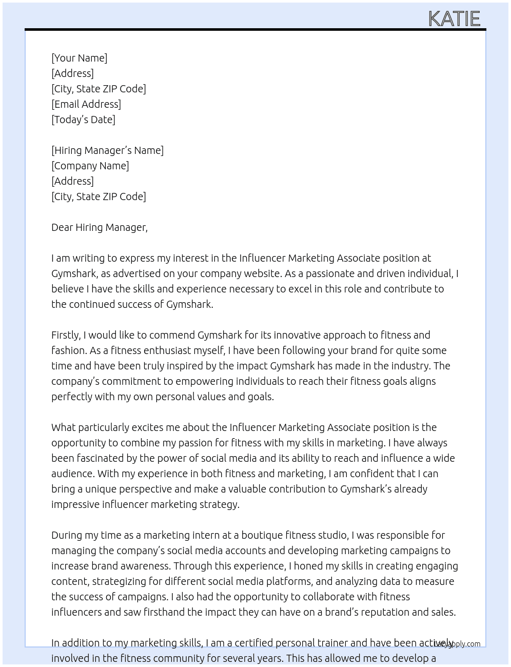 Influencer Marketing Associate At Gymshark Cover Letter