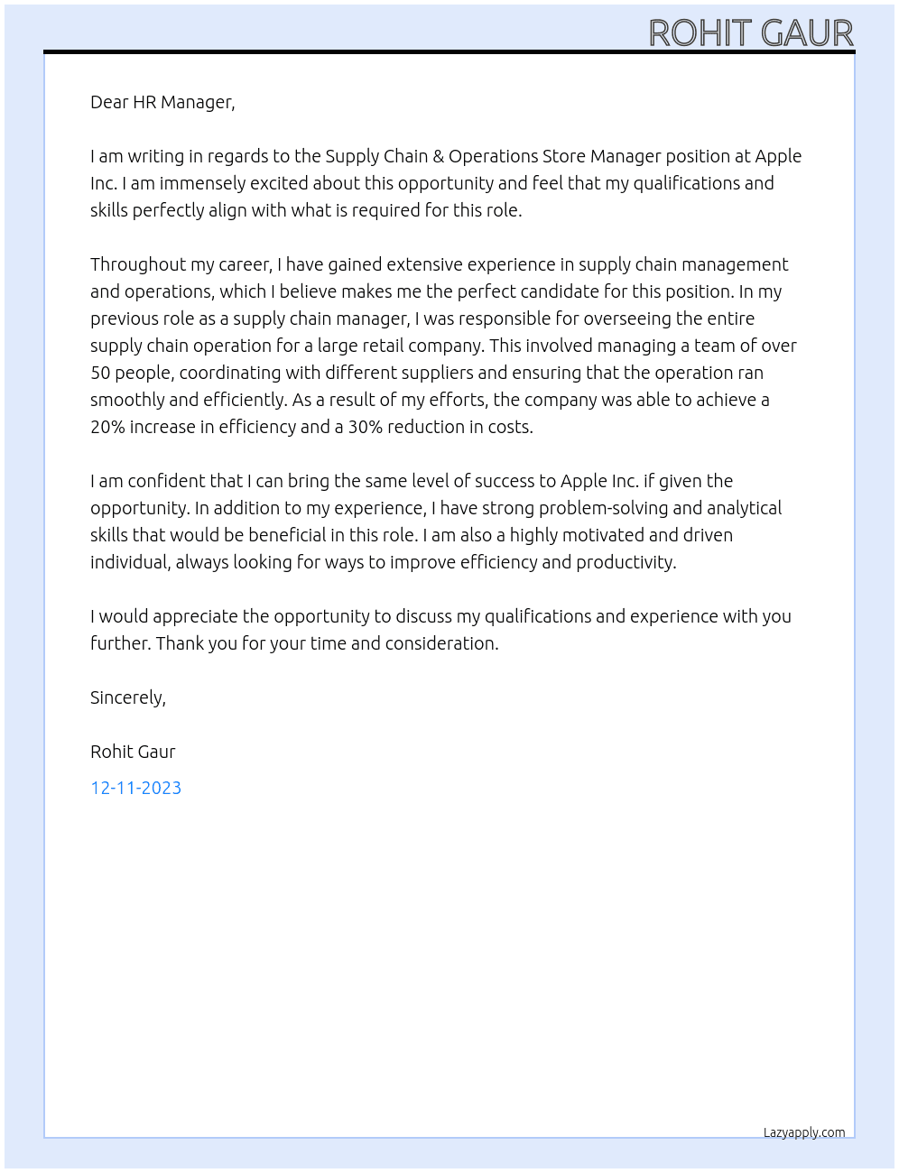Supply Chain & Operation Store Manager At Apple Inc. Cover Letter