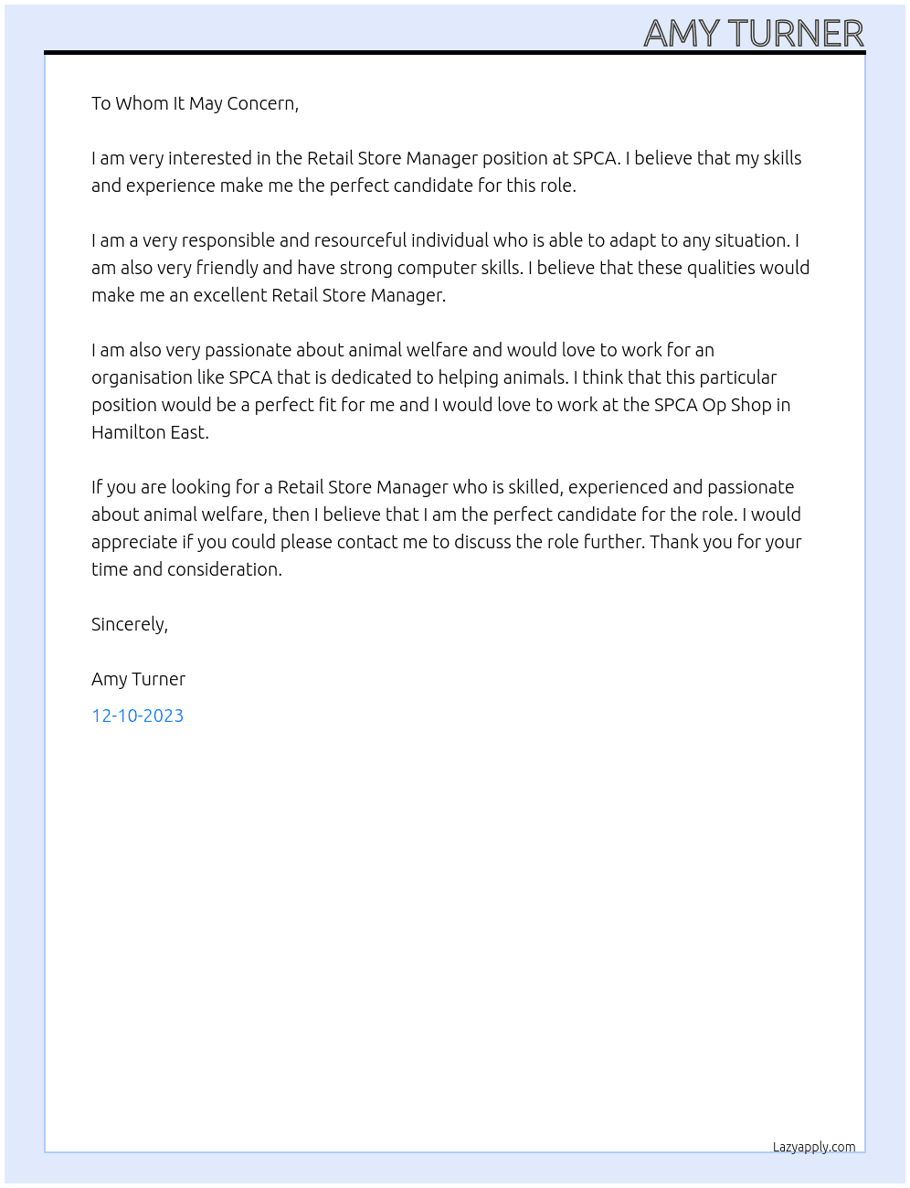 Retail Store Manager At SPCA Cover Letter