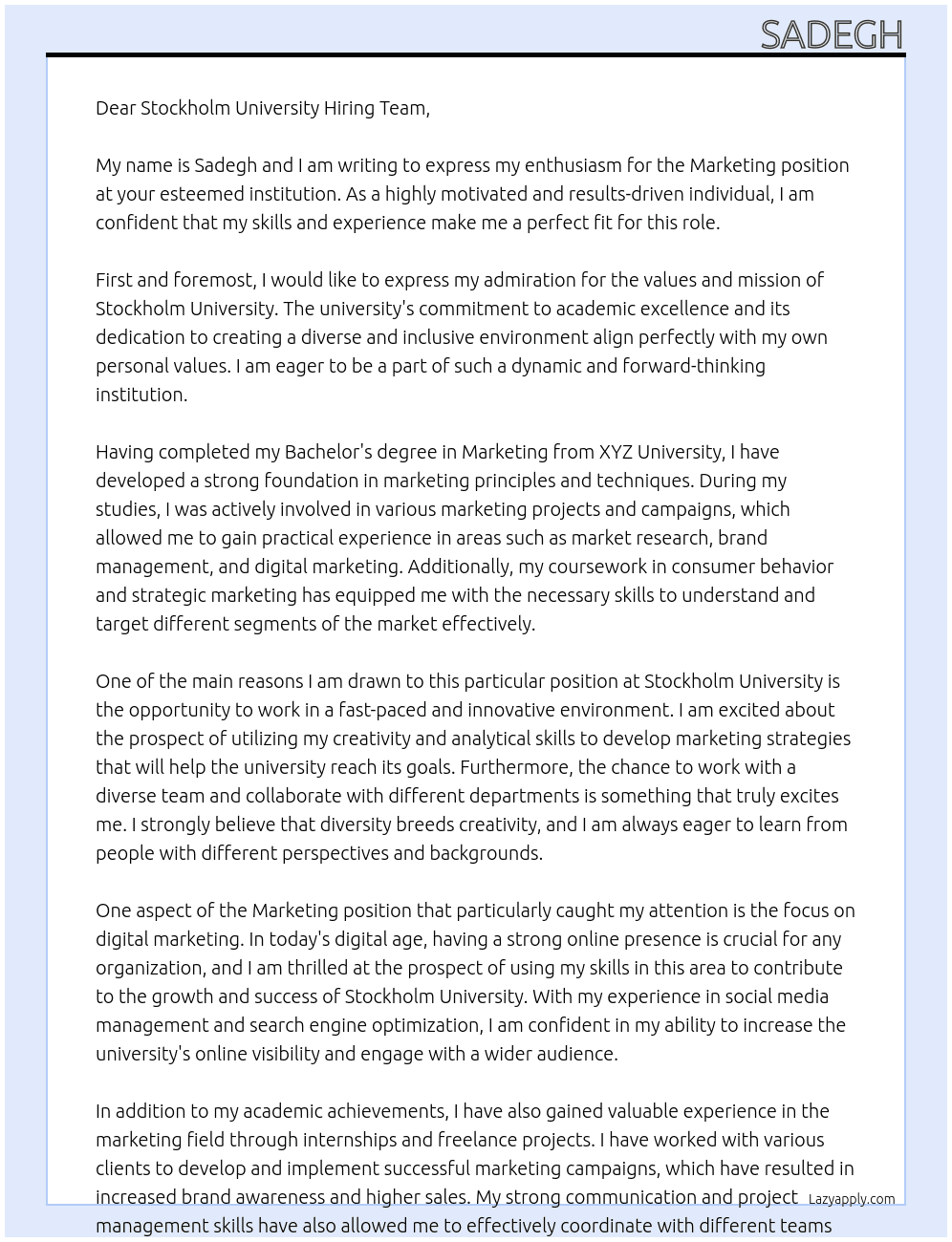  Marketing At Stockholm University Cover Letter
