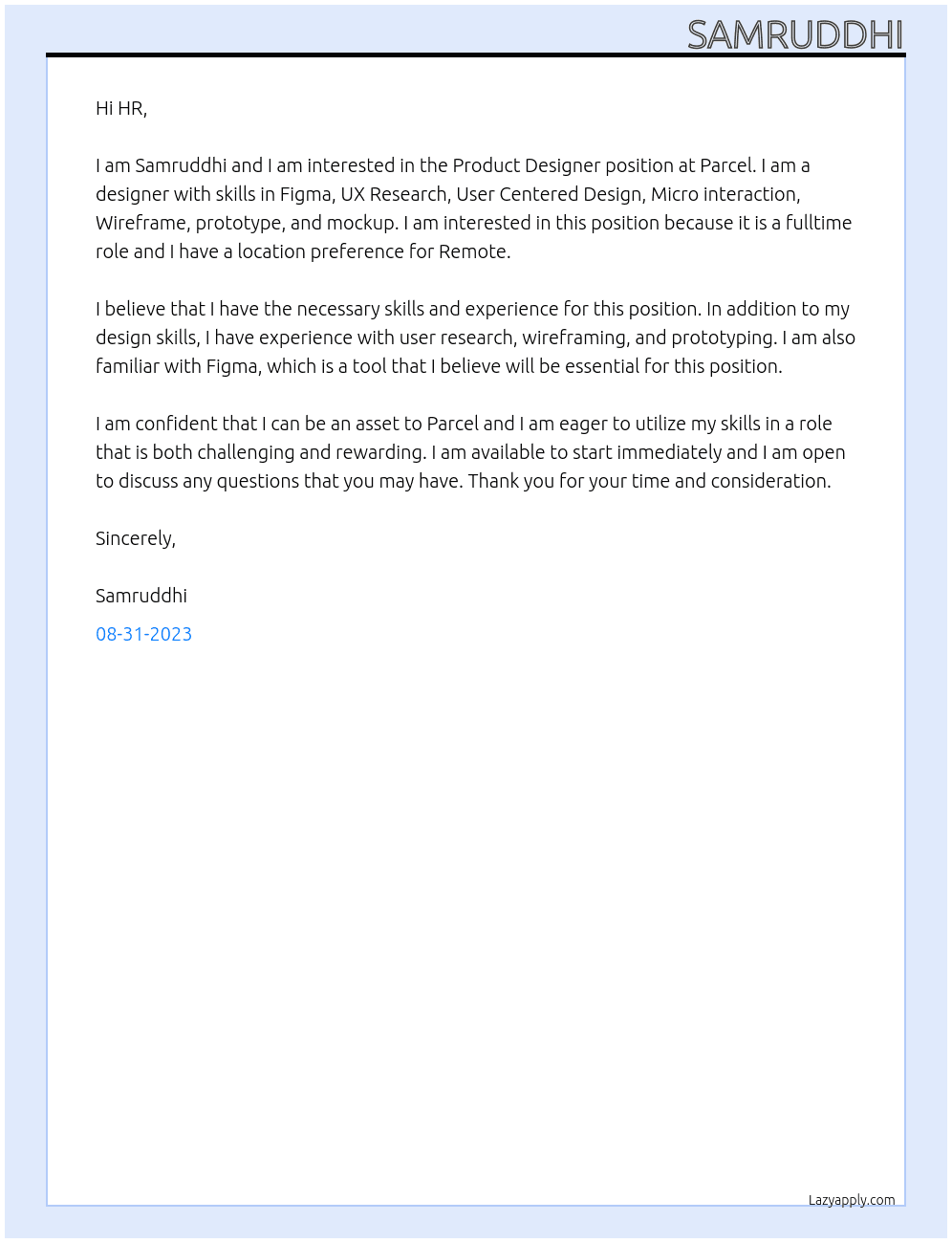 Product Designer At Parcel Cover Letter