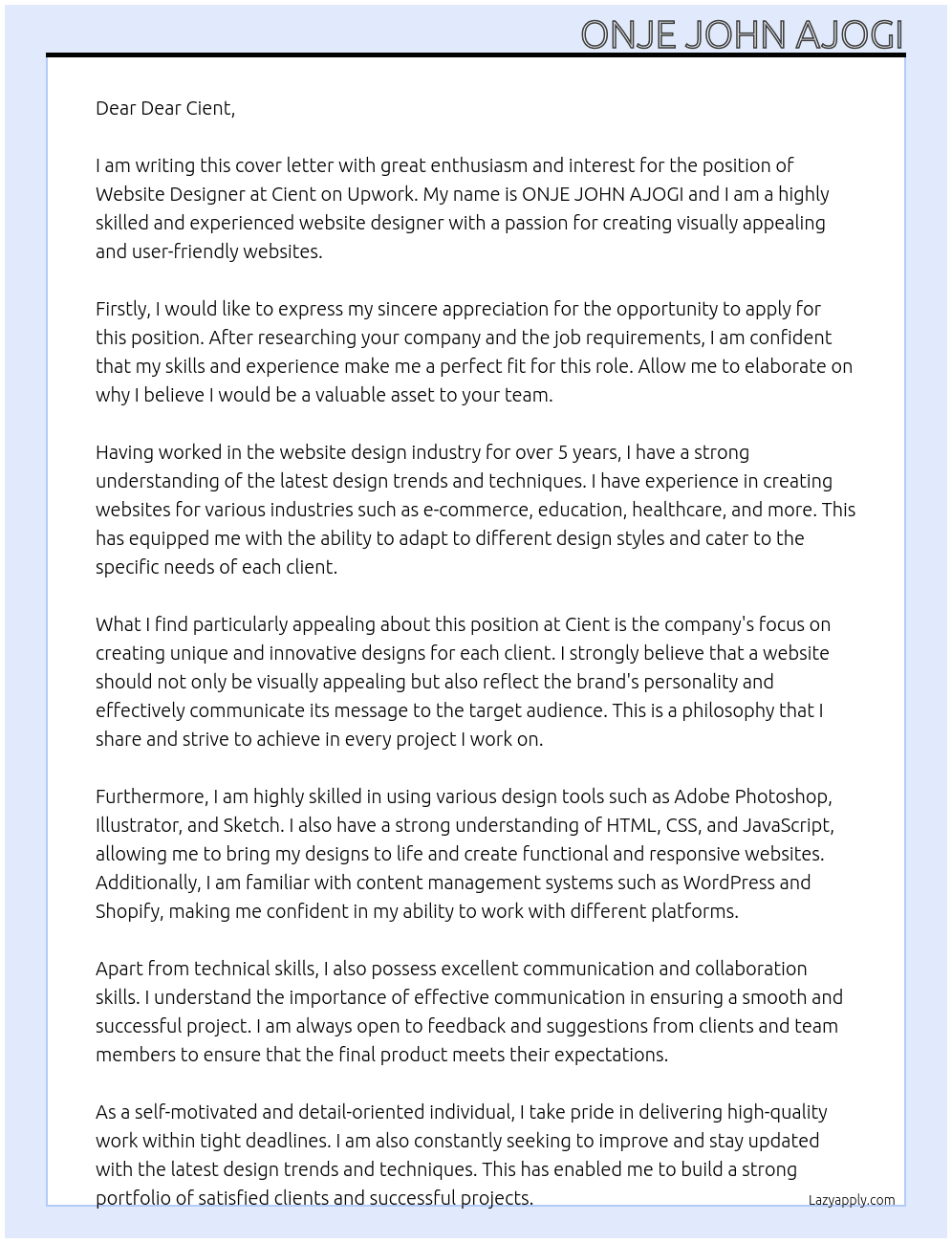 Website Designer At Cient on upwork Cover Letter
