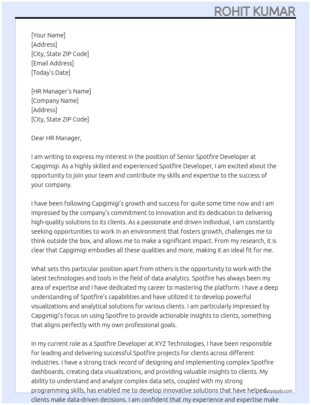 Senior Spotfire Developer At Capgimigi Cover Letter