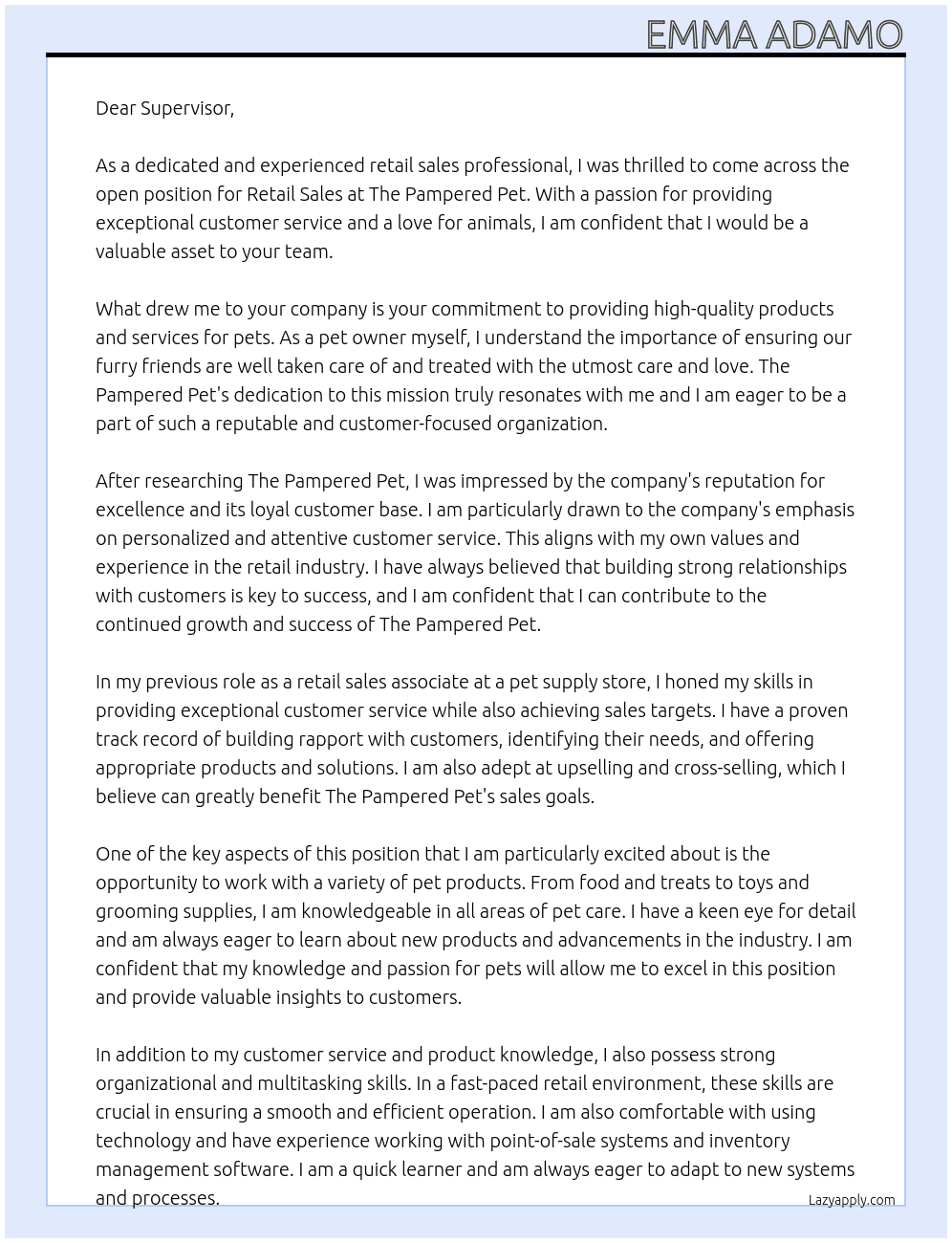Retail Sales At The Pampered Pet Cover Letter