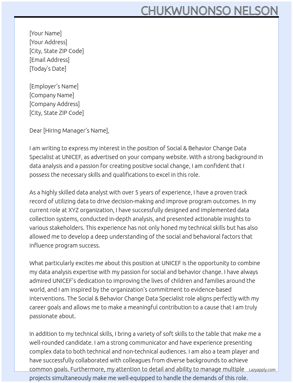 Cover letter for social & behavior change data specialist - LazyApply