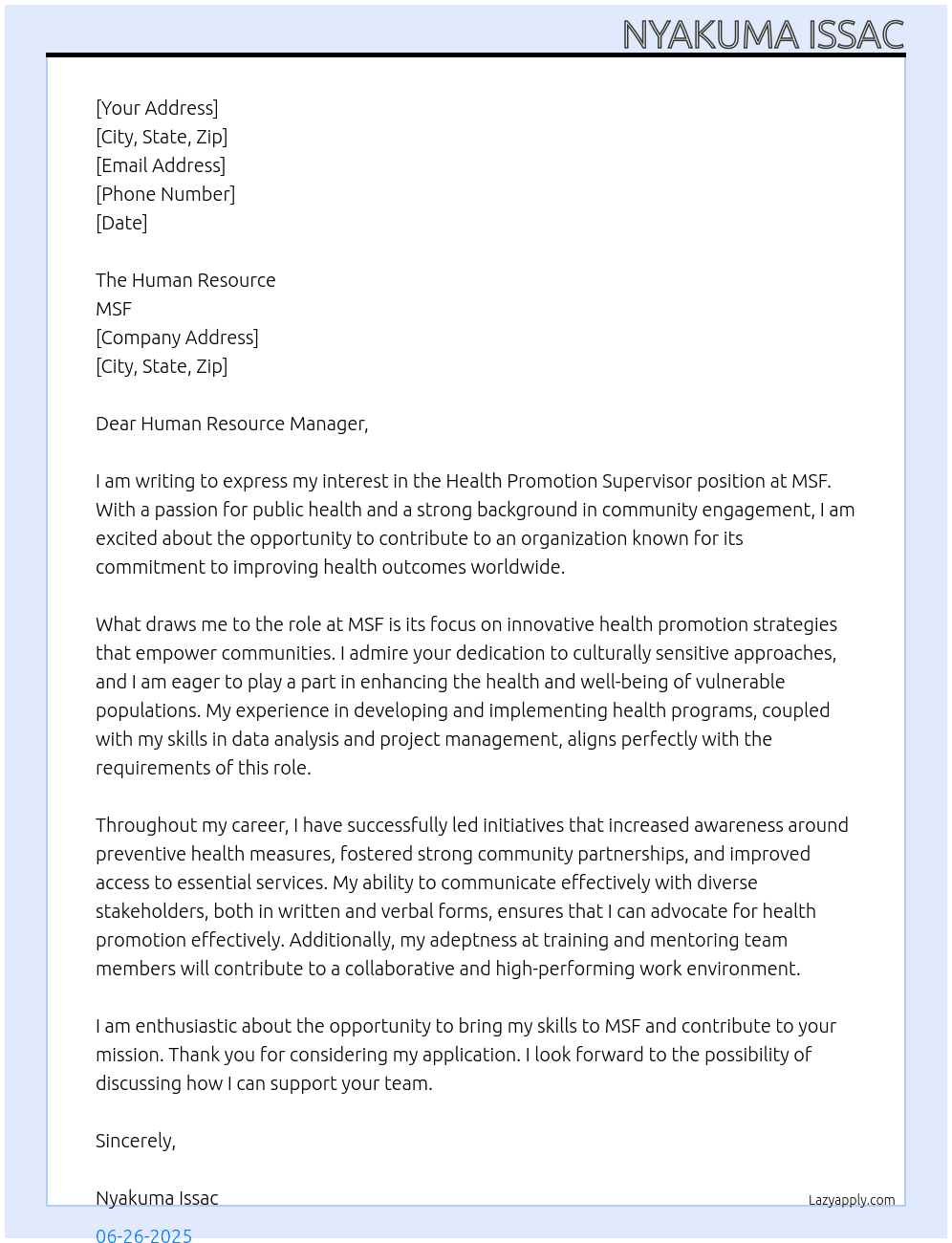 Cover letter for health promotion supervisor - LazyApply