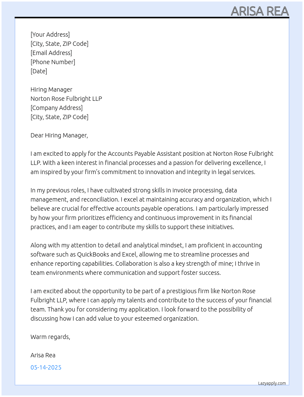 Accounts Payable Assistant At Norton Rose Fullbright LLP Cover Letter