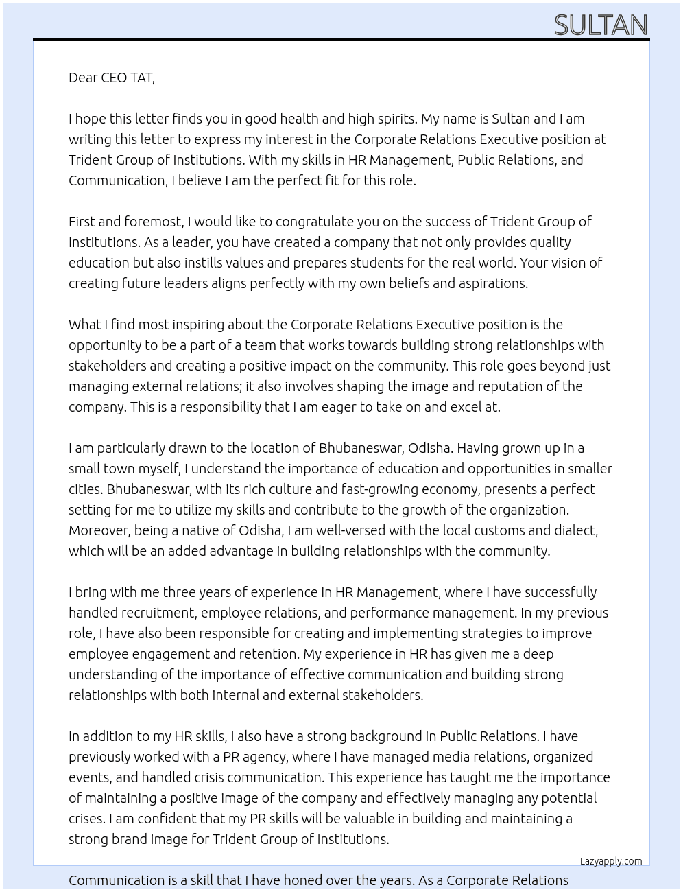 CORPORATE RELATIONS EXECUTIVE  At Trident Group of Institutions  Cover Letter
