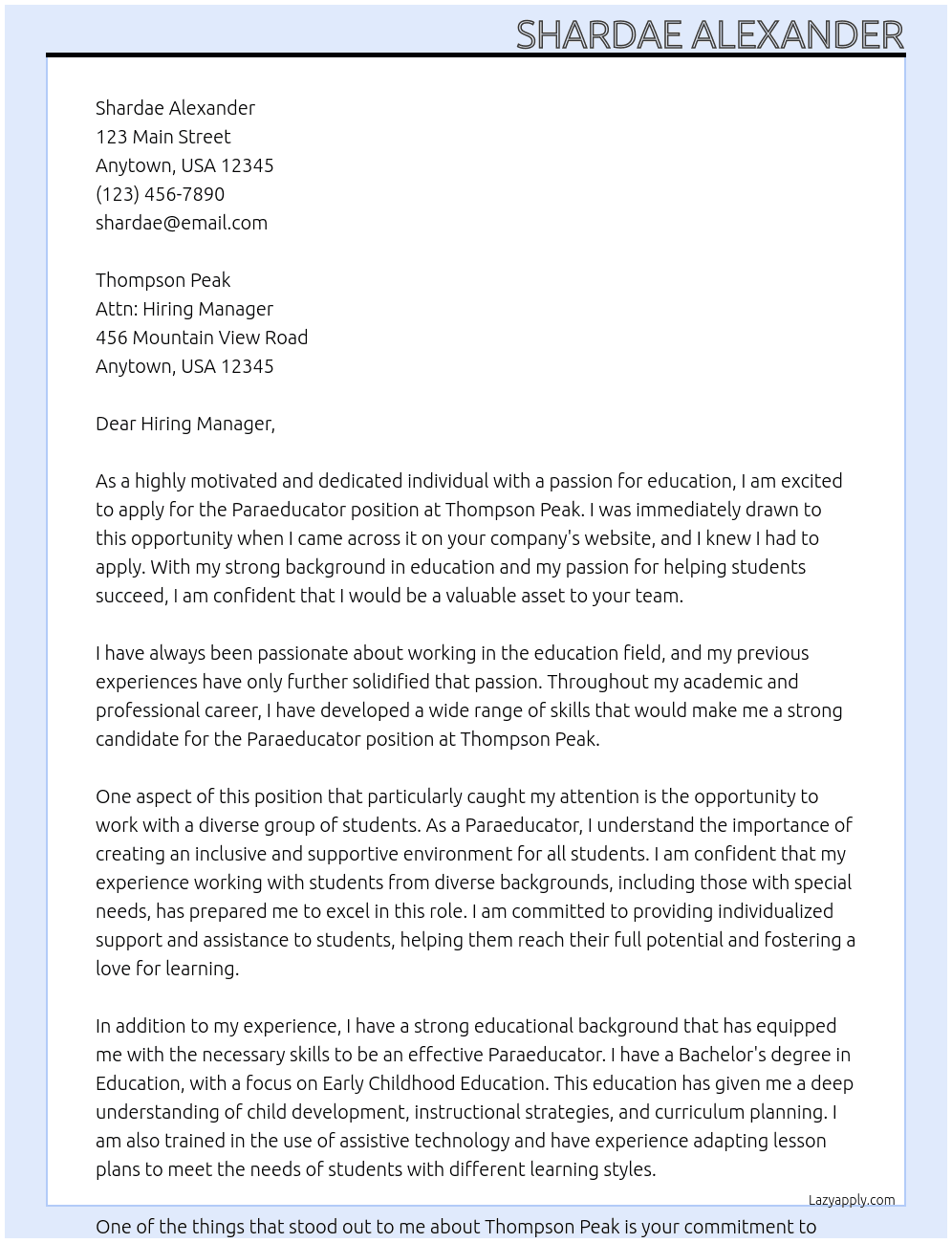 Paraeducator  At Thompson Peak  Cover Letter