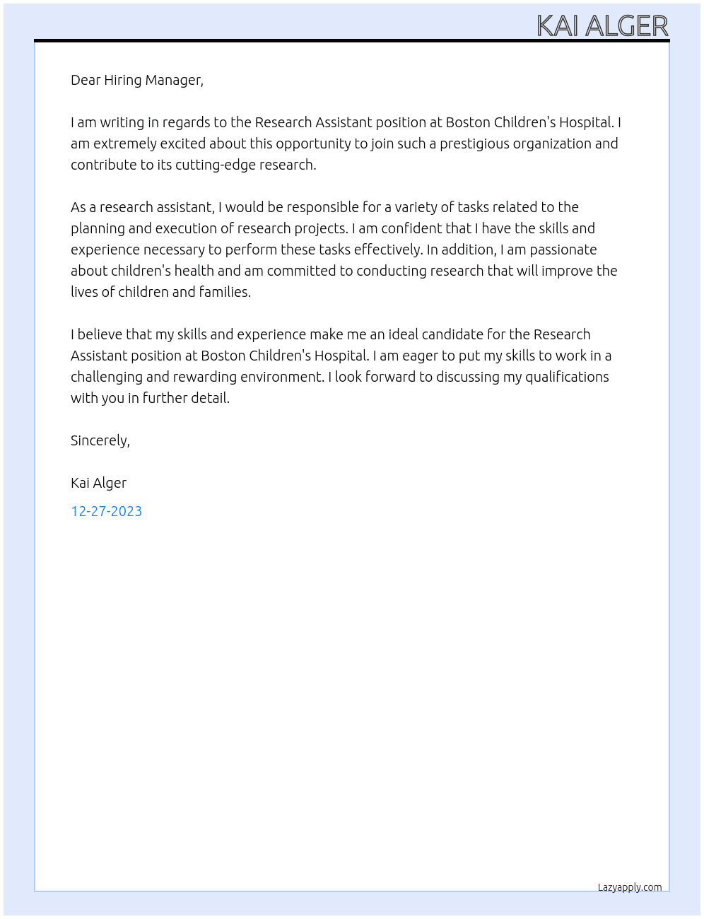 Research Assistant At Boston Children's Hospital Cover Letter