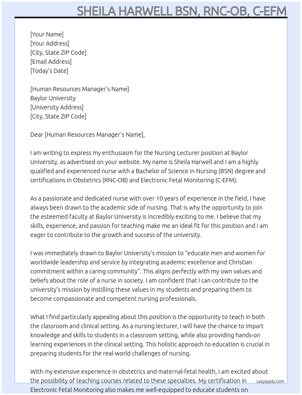 Nursing Lecturer At Baylor University Cover Letter