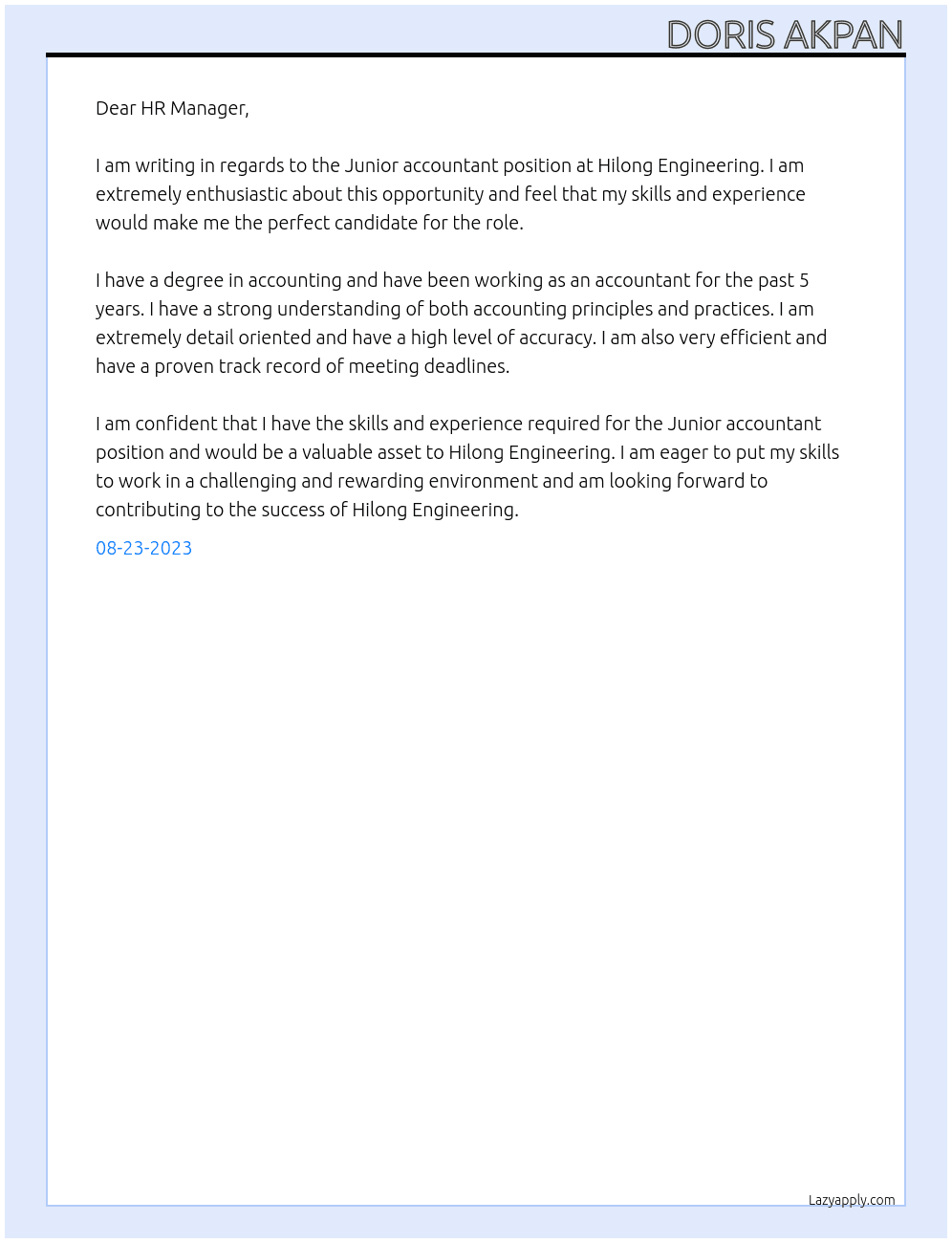 Junior accountant At Hilong Engineering  Cover Letter