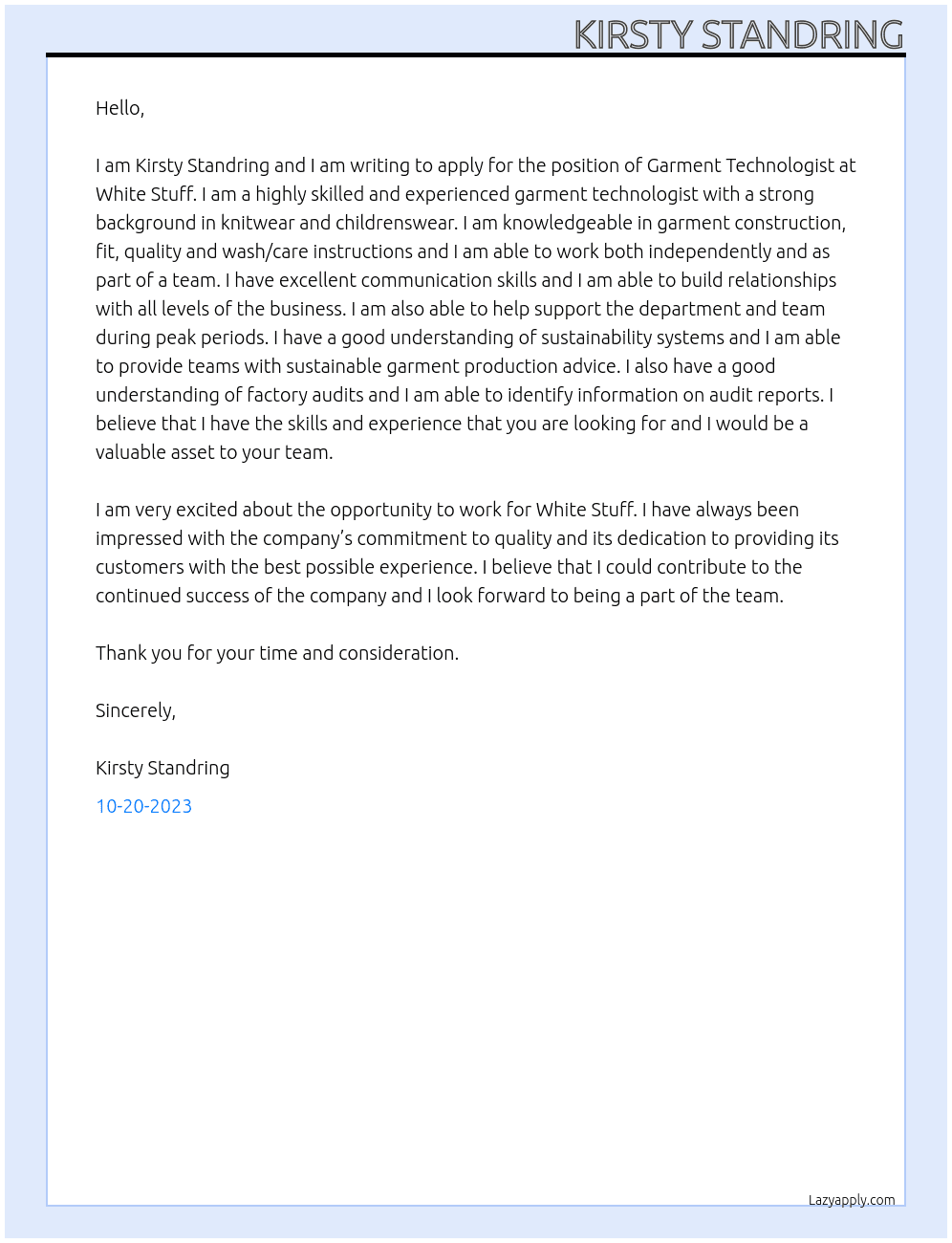 Garment Technologist  At White Stuff Cover Letter