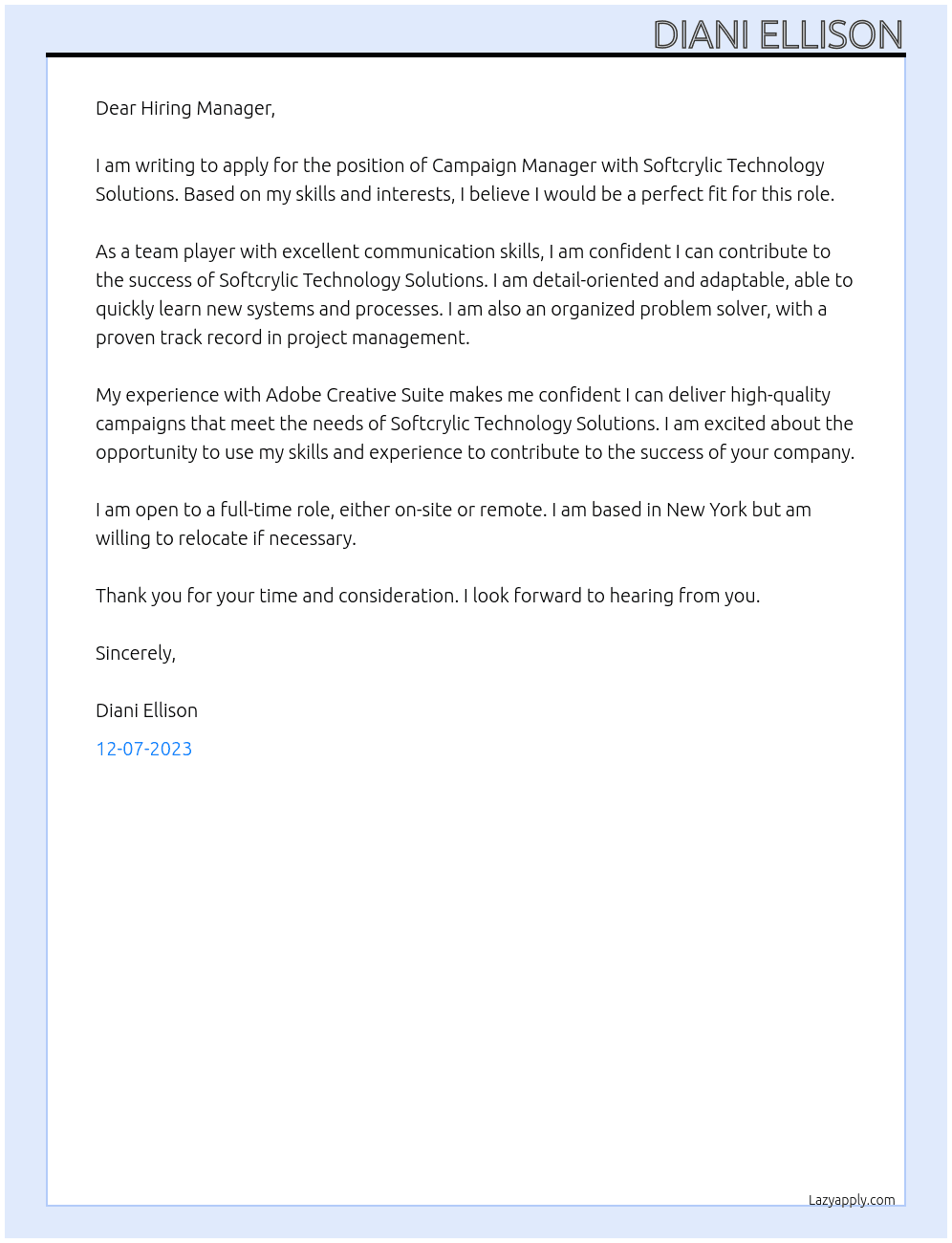 Campaign Manager At Softcrylic Technology Solutions Cover Letter