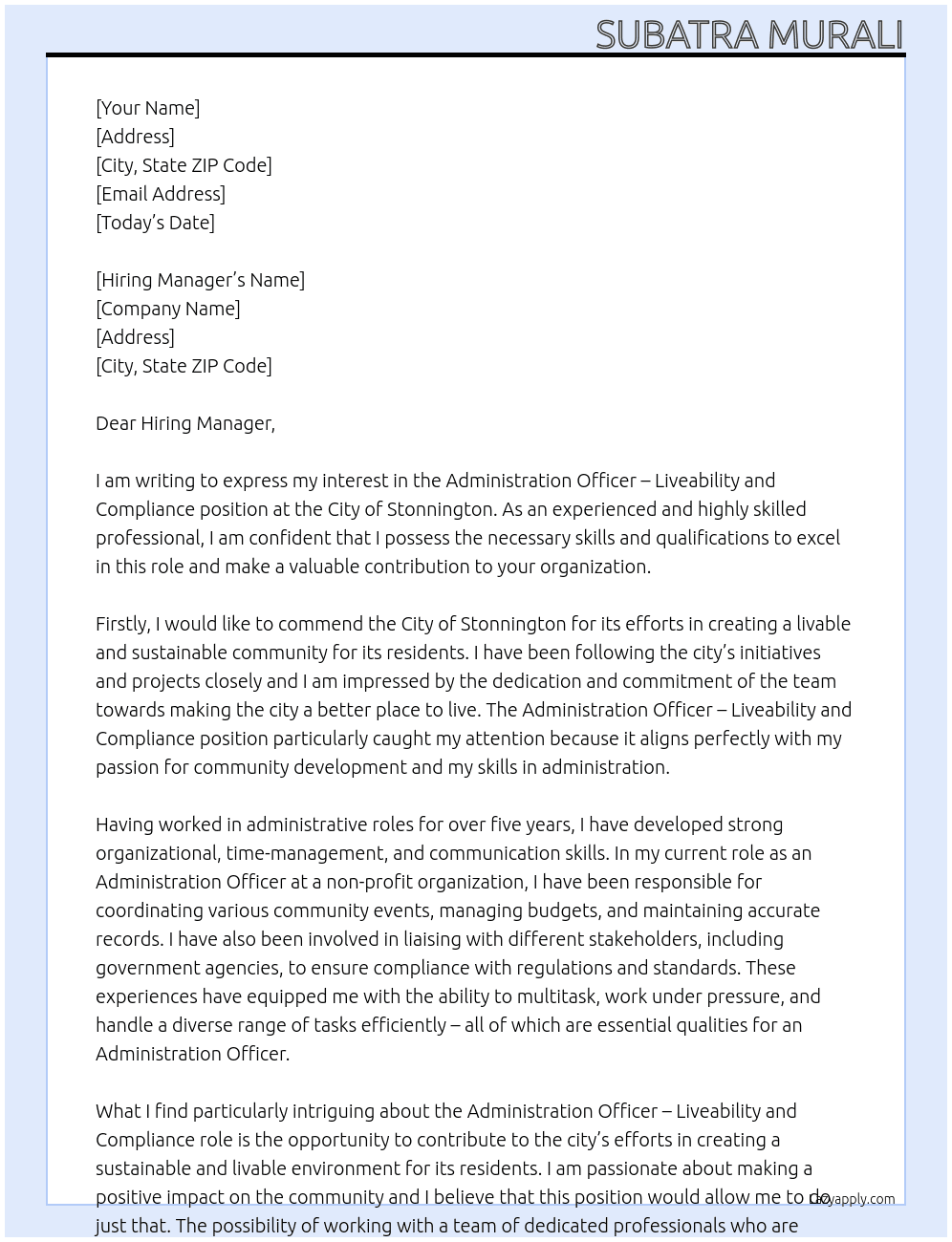 Administration Officer - Liveability and Compliance At City of Stonnington Cover Letter