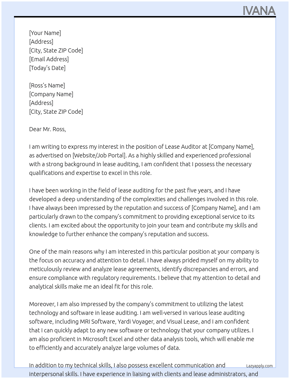 Lease auditor At ross Cover Letter