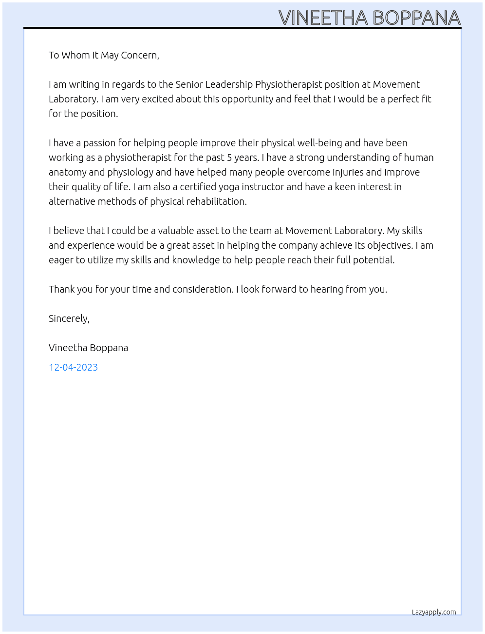 Senior Leadership Physiotherapist At Movement Laboratory Cover Letter