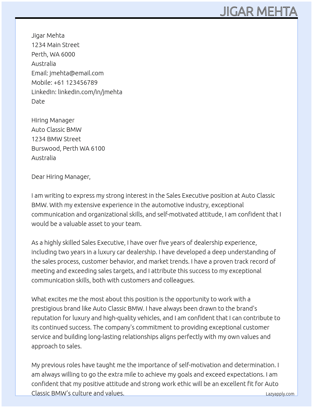 Sales Executive  At Auto Classic BMW Cover Letter