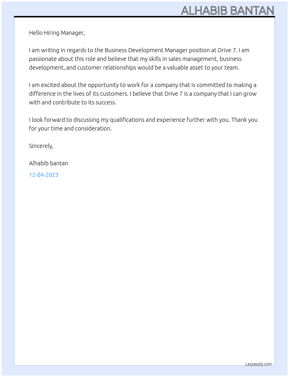 Business Development Manager At Drive 7 Cover Letter